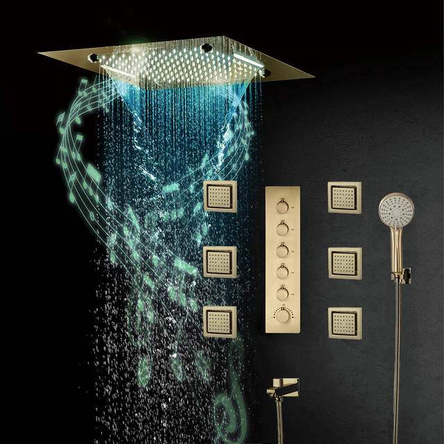 Fontana Dijon Phone Controlled Thermostatic LED Recessed Ceiling Mount Waterfall Rainfall Mist Musical Shower System with Handheld Shower and Jetted Body Sprays